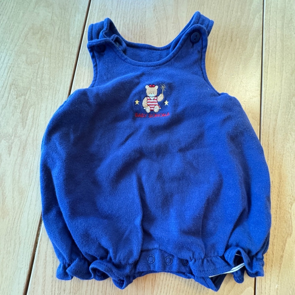 Vintage Baby Sonoma Romper Kids 0-3M Blue Cotton Bear Embroidered Kidcore Indie